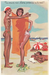 French Bony Anorexia Man Risque Suncreen Comic Old Postcard
