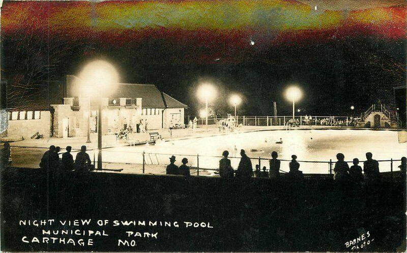 Carthage Missouri Night View Swimming Pool 1940s RPPC Photo Postcard 5761