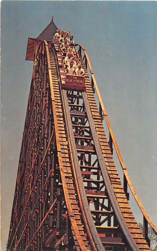 F56/ Cedar Point Amusement Park Ohio Postcard Blue Streak Roller Coaster