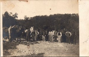 RPPC Work Crew Men Horses Gravel Pile Shovels Jug Real Photo Postcard CYKO