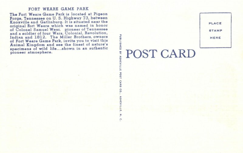 Vintage Postcard 1930's View of Fort Weare Game Park Pigeon Forge Tennessee TN 