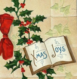 c1907-15 Christmas Holly Berries Nash Postcard Embossed Red Ribbon Joys Xmas 