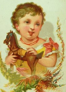 1870's-80's Lovely Girl With Toy Horse Floral Leaf Border Victorian Card F78