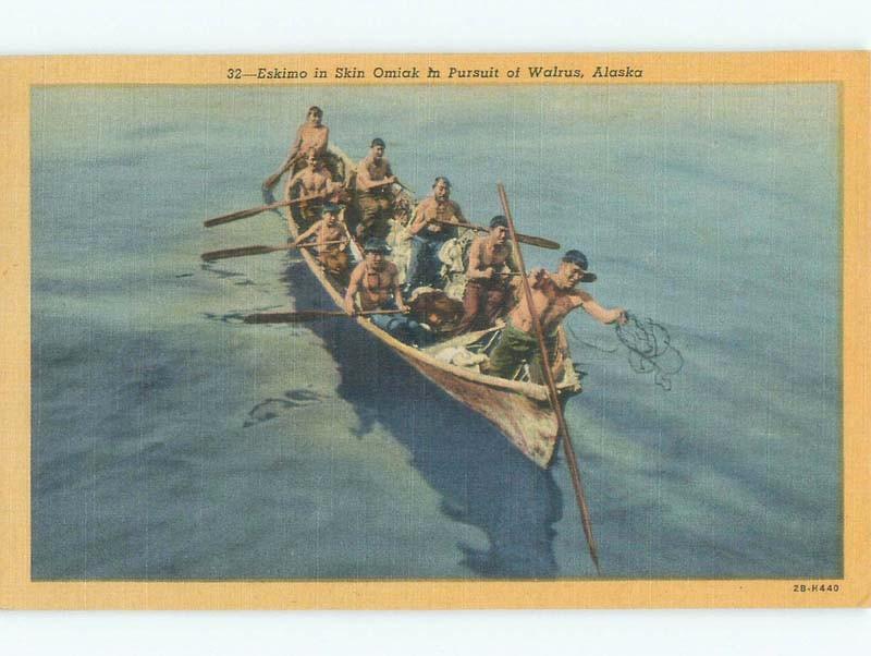 Linen NATIVE ESKIMO PEOPLE PURSUE WALRUS State Of Alaska AK E6527