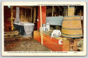 Linen~Maple Sugar Making in Vermont~Boiling Tank~Evaporator~Barrels~Postcard