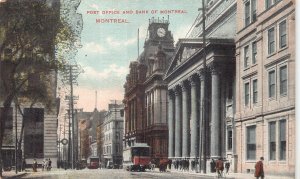 TROLLEY POST OFFICE AND BANK OF MONTREAL CANADA POSTCARD (c. 1910)