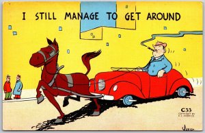 1943 Man Riding Car Pulled By Horse Still Manage To Get Around Posted Postcard