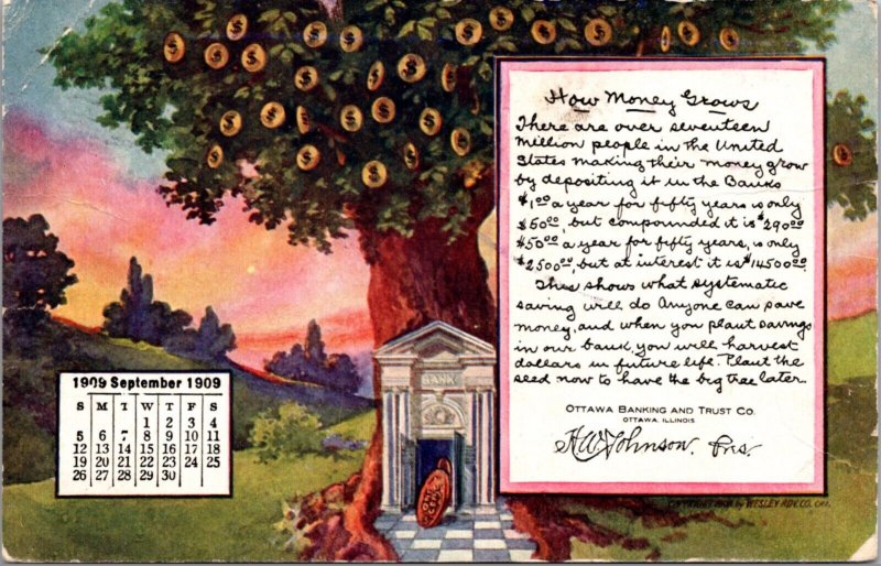 1909 September Calendar Postcard Ottawa Banking and Trust Co Ottawa, Illinois