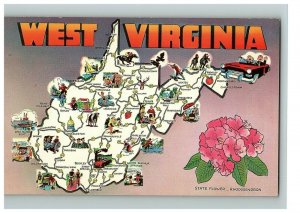 West Greetings Virginia Map Postcard State Seal Chrome Car Flower Wv  