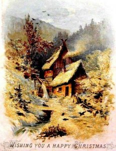 Lovely Victorian Christmas Card Mica Glitter Winter Scene Snow Cottages A1