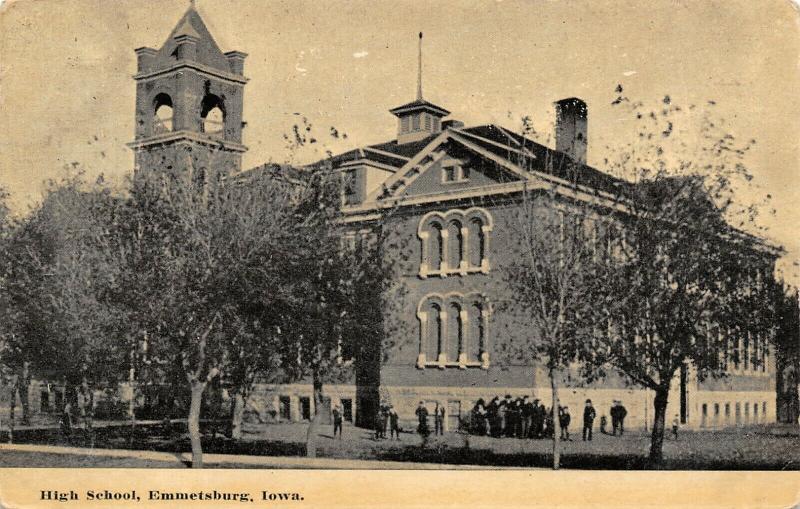 Emmetsburg Iowa~High School~Kids Outside~Boys on Corner~Open Belfry~1912 PC