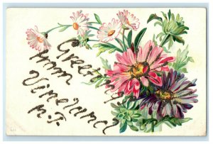 c1910s Greetings from Vineland New Jersey NJ Floral Antique Glittered Postcard 