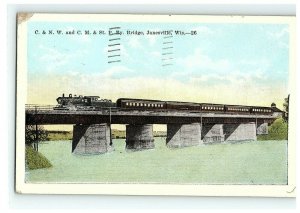 c. 1944 C. & N. W. & C. M. St. P. Ry. Bridge Janesville Wisconsin Train Crossing