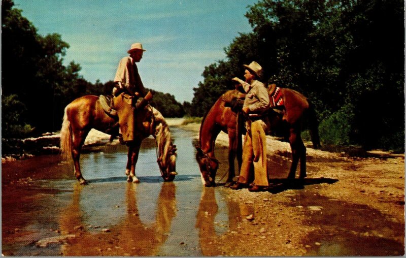 VTG Cowboys Chaps Horses Stream Creek Water Welcome Pause on the Trail Postcard