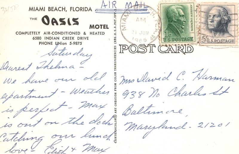Vintage Postcard Prospect View & Lobby Area The Oasis Motel Miami Beach Florida