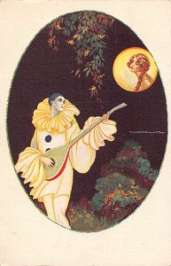 Art Deco by Tito Corbella Pierrot playing Mandolin Love Moonlight postcard B901