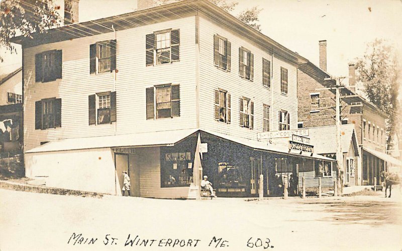 Winterport ME Main Street Barber Shop 5 & 10¢ Groceries Store Fronts 1918 RPPC