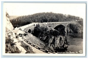 1943 Deception Pass Bridge Cars Puget Sound Washington State RPPC Photo Postcard