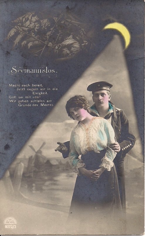 RPPC Tinted German Sailor w Woman, Half Moon, The Seaman's Fate Uniform WWI