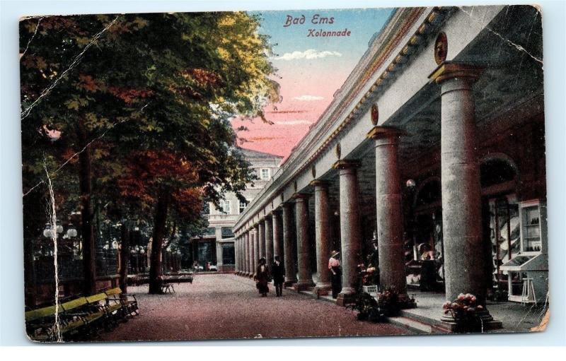 *Bad Ems Kolonnade Street View Store Fronts People Shopping Vintage Postcard A30