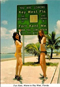 Girls in Bikinis Sign Marker Fort Kent Maine to Key West Florida Postcard UNP