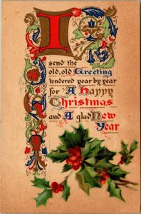 Vintage 1910 Christmas Poem Holly Leaves Embossed Merry Christmas Postcard