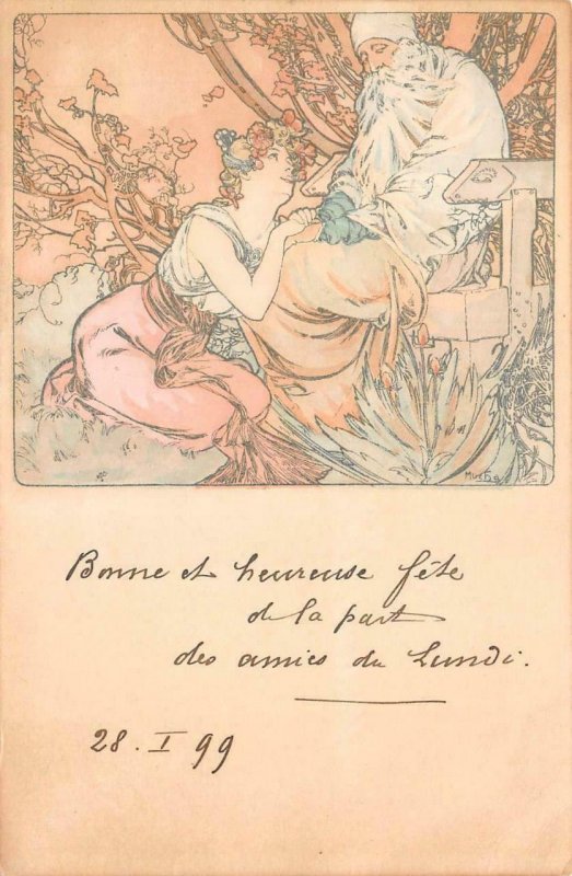 4 SEASONS WINTER BEAUTIFUL WOMAN ART NOUVEAU MUCHA ARTIST SIGNED POSTCARD 1899