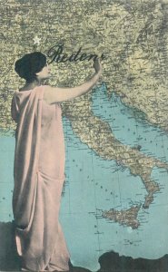 Italy patriotic lady lands of Italy map vintage postcard