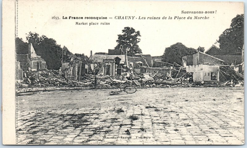 c1910s Chauny France Market Place Ruins WWI Destruction Bicycle Cobblestone A360