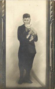 RPPC Studio Photo Portrait of Boy & his Cat c1920 Unknown US Location Unposted