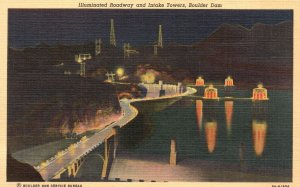 Vintage Postcard Illuminated Roadway And Intake Towers Boulder Dam Nevada NV