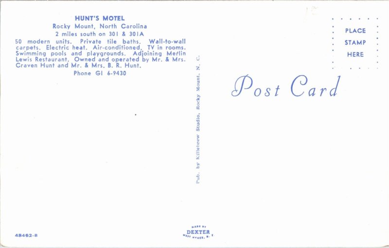 Postcard NC Rocky Mount Hunt's Motel & Restaurant Pool Classic Cars 1960s S76