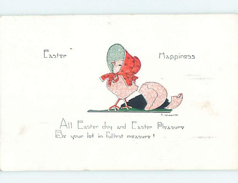 Pre-Linen Easter signed WEAVER - HUMANIZED CHICK WEARING BONNET HAT HL6876