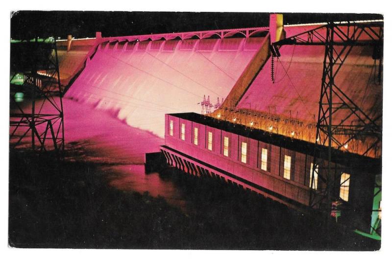 WA Grand Coulee Dam Night Columbia River Vtg Postcard