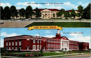 Vtg Fort Worth TX Amon Carter Riverside & Polytechnic High Schools Postcard