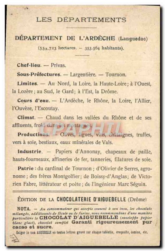 Postcard Old MAPS Chocolaterie d & # 39Aiguebelle Ardeche