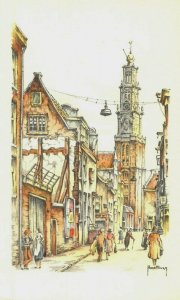 AMSTERDAM HOLLAND~JORDAN MET WESTERTOREN~ARTIST H M HOEFMAN POSTCARD