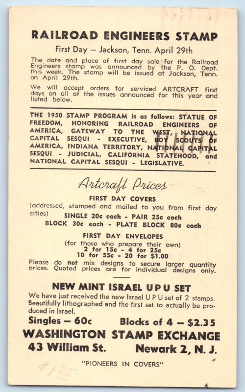 Newark NJ Postal Card Railroad Engineers Stamp Washington Stamp Exchange 1950