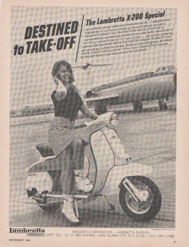 Lambretta X-200 Special Motor Scooter 1966 Print Ad, Girl on Scooter by Plane