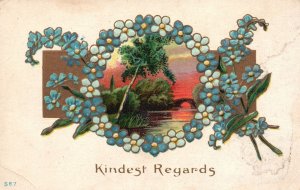 Vintage Postcard 1910's Kindest Regards Greetings Card Lake Sunset Scene Flowers
