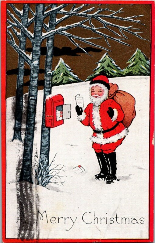 Santa a woodland mailbox arts and crafts Christmas postcard c1915 vintage