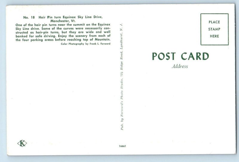 c1960 Manchester Vermont VT Postcard Hair Pin Equinox Sky Line Drive Unposted