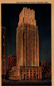 USA Gulf Building By Night Houston Texas Linen Postcard 08.77