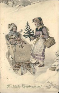 Frohliche Weihnachten Christmas Sisters Children Cradle Sled c1910 Postcard