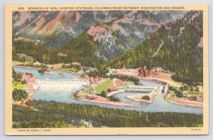 Linen~Air View Bonneville Dam Looking Upstream Oregon~Vintage Postcard