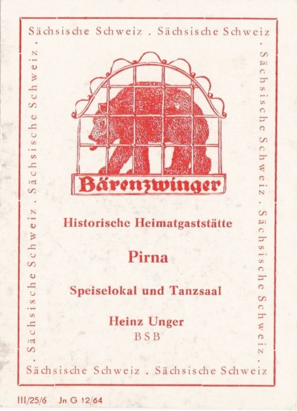 Germany Pirna Hotel Baernezwinger Vintage Luggage Label sk3868