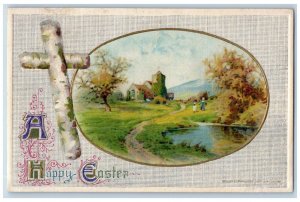 John Winsch Artist Signed Postcard Easter Cross Houses Scene Embossed Enfield MA