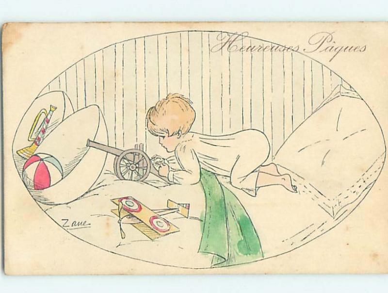 Pre-Linen foreign signed BOY GETS CANNON AND WAR AIRPLANE AS EASTER GIFTS HL8814