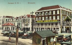 curacao, D.W.I., WILLEMSTAD, Brionplein, Hotel Americano, Car (1920s) Postcard