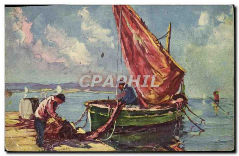 Postcard Old Fishing Boat Sailboat